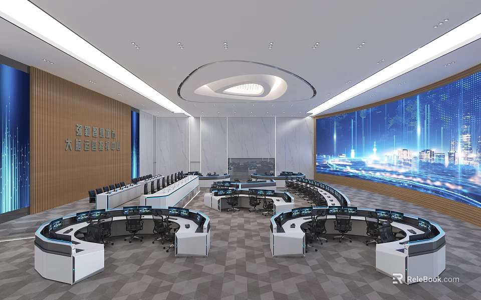 Modern Control Room With Curved Consoles Multiple Monitor Screens And Large Digital 3d model 