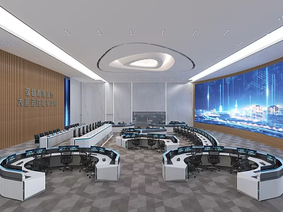 Modern Control Room With Curved Consoles Multiple Monitor Screens And Large Digital 3d model