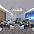 Modern Control Room With Curved Consoles Multiple Monitor Screens And Large Digital