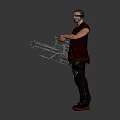 Sci Fi Male Warrior Character Standing With Large Mechanical Gun And Leather Outfit
