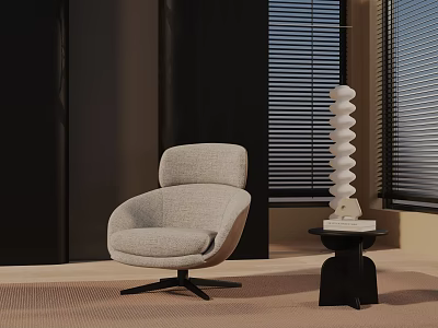Modern Light Gray Upholstered Accent Chair With Swivel Base And Black Side Table 3d model