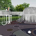 Outdoor Kids Playground Featuring White Wire Mesh Structure Slide Spherical Equipment And Trees