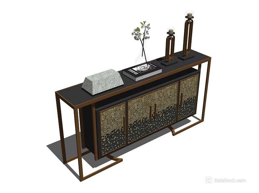 Elegant Entryway Console Cabinet With Metal Frame Patterned Doors And Decorative Vase Books On Top 3d model 