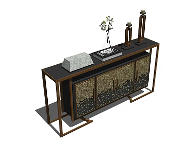 Elegant Entryway Console Cabinet With Metal Frame Patterned Doors And Decorative Vase Books On Top 3d model