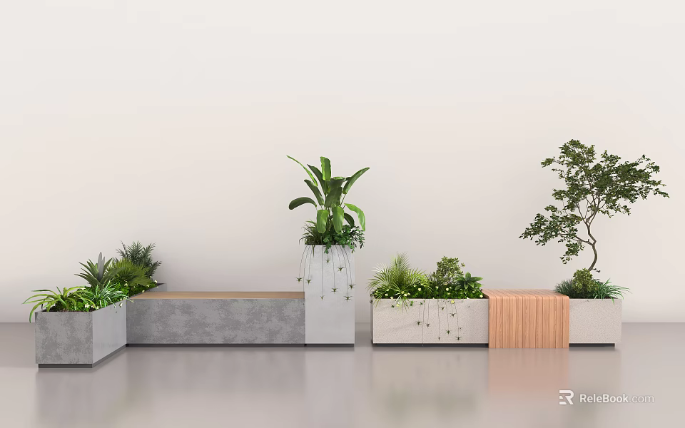 Bonsai Potted Plants With Green Foliage In Concrete And Wooden Planters For Indoor Decor 3d model 