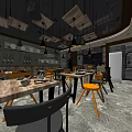 Modern Restaurant Interior With Wooden Tables Orange Chairs And Black Pendant Lights
