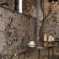 Cozy Café Interior With Coffee Machine Beans On Rustic Textured Wall Shelves And Tables
