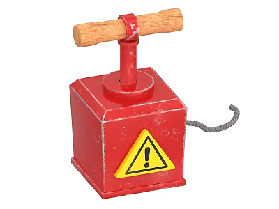Red Weapon Featuring Wooden Handle Yellow Warning Sign And Attached Wire Structure 3d model