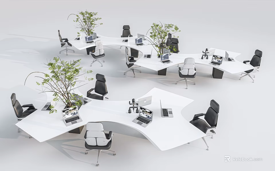 Modern Office Workspace Table And Chair Set With Green Plants And Computers 3d model 