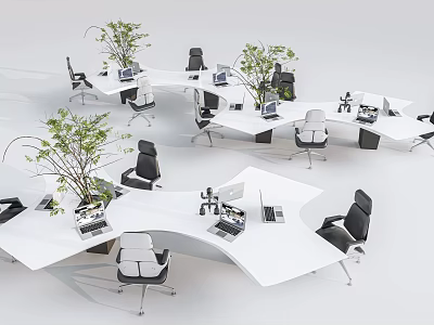 Modern Office Workspace Table And Chair Set With Green Plants And Computers 3d model