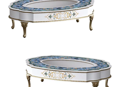 Elegant Blue and White Coffee Table with Ornate Patterns and Gold Legs Design 3d model
