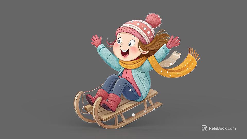 Cartoon Game Movie Character Girl In Winter Outfit Riding Wooden Sled With Raised Hands 3d model 