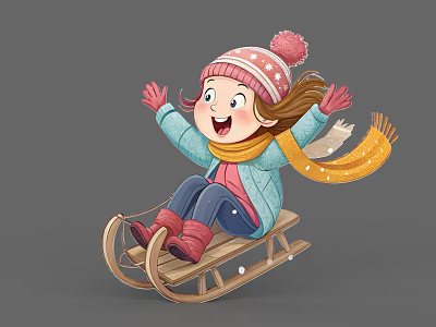Cartoon Game Movie Character Girl In Winter Outfit Riding Wooden Sled With Raised Hands 3d model