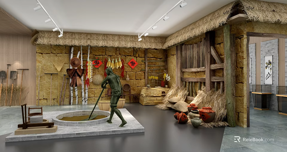 Traditional Rural Indoor Scene Featuring Person Fetching Water From Circular Well With Straw Roof 3d model 