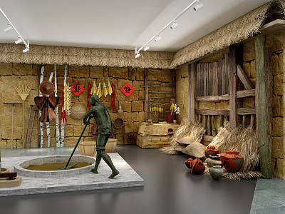 Traditional Rural Indoor Scene Featuring Person Fetching Water From Circular Well With Straw Roof 3d model