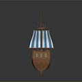 3D Rendered Wooden Sailing Ship With Blue And White Sail Tall Mast And Deck Details
