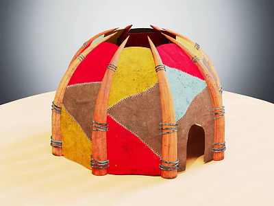 Dome Shaped Colorful Patchwork Tent With Wooden Poles And Traditional Fabric Design 3d model