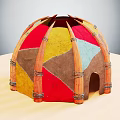 Dome Shaped Colorful Patchwork Tent With Wooden Poles And Traditional Fabric Design