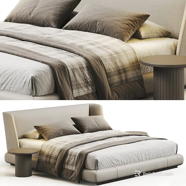 Modern Double Bed With Beige Headboard Brown Beige Bedding And Side Table 3d model