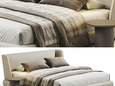Modern Double Bed With Beige Headboard Brown Beige Bedding And Side Table 3d model