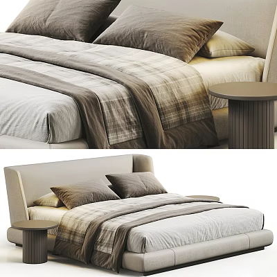 Modern Double Bed With Beige Headboard Brown Beige Bedding And Side Table 3d model