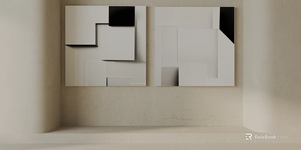 Minimalist Abstract Geometric Artworks With White Black Shapes On Beige Wall 3d model 