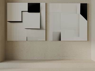 Minimalist Abstract Geometric Artworks With White Black Shapes On Beige Wall 3d model
