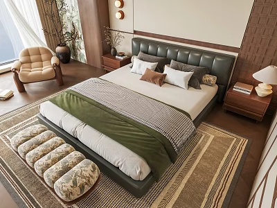 Modern Double Bed With Leather Headboard Green Blanket Pillows Wooden Nightstands And Bench 3d model