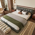 Modern Double Bed With Leather Headboard Green Blanket Pillows Wooden Nightstands And Bench