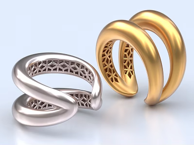 Silver and Gold Rings with Double Loop Intertwined Design and Intricate Hollow Patterns Inside 3d model