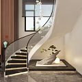 Modern Spiral Staircase With Glass Railing And Marble Floor Interior Design