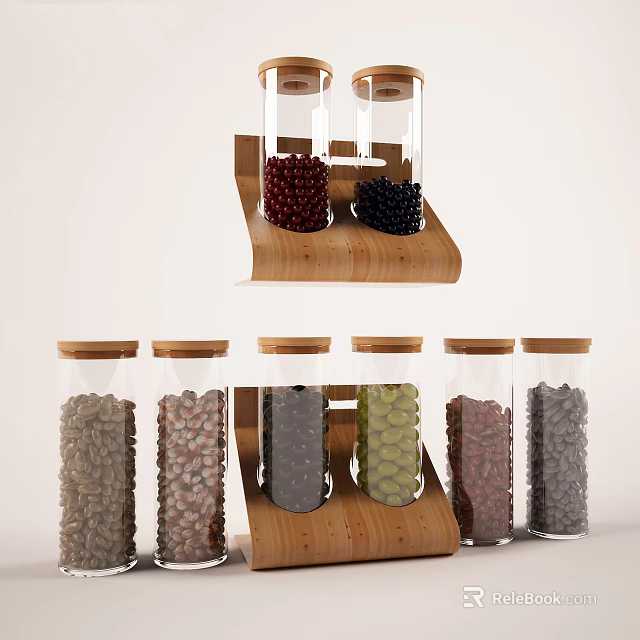 Clear Spice Jars Holding Different Colored Spices on Tiered Wooden Kitchen Rack 3d model 