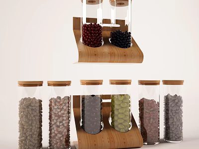 Clear Spice Jars Holding Different Colored Spices on Tiered Wooden Kitchen Rack 3d model