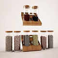 Clear Spice Jars Holding Different Colored Spices on Tiered Wooden Kitchen Rack