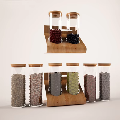 Clear Spice Jars Holding Different Colored Spices on Tiered Wooden Kitchen Rack 3d model