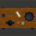 Wooden Table Display With Balance Scale Copper Pot Small Bottles And Spoon