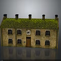 Traditional Brick Building with Green Moss Covered Roof Five Chimneys Multiple Windows and Wooden Door