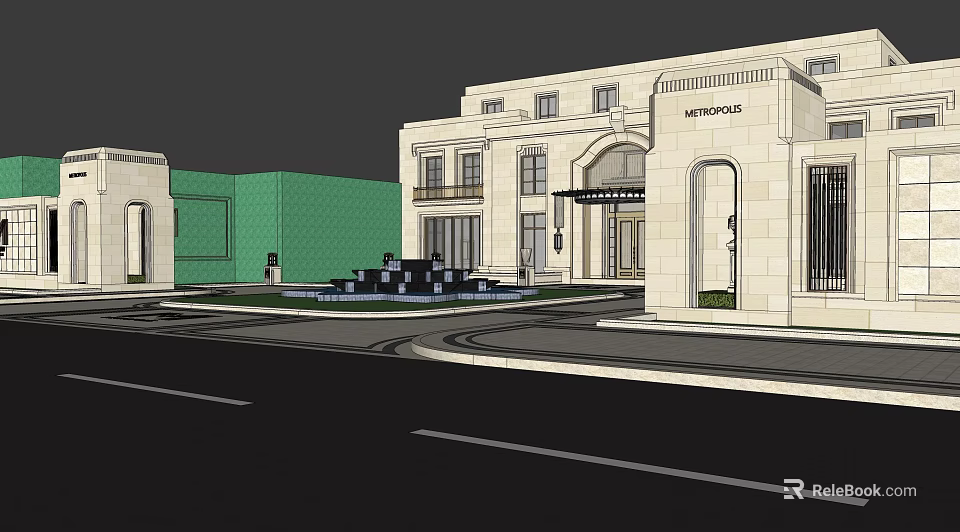 Elegant Garden Landscape Design With Building Entrance Fountain Paving And Road 3d model 