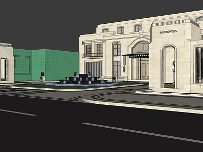 Elegant Garden Landscape Design With Building Entrance Fountain Paving And Road 3d model