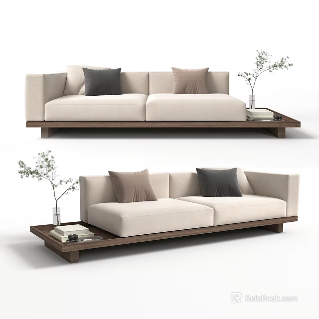 Cream Colored Two Seater Sofa With Wooden Base And Tray Holding Plant And Books 3d model 