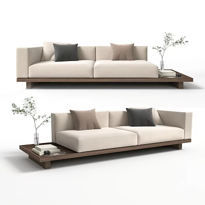 Cream Colored Two Seater Sofa With Wooden Base And Tray Holding Plant And Books 3d model