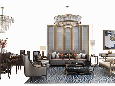 Luxurious Living Room Sofa And Coffee Table Set With Crystal Chandelier And Decorative Wall Panels 3d model