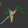 Character in Gold White Armor with Blue Wing like Appendages Holding Sword and Creature Features