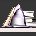 Wizard Hat And Stack Of Magic Books With Scrolls On Wooden Tray 3d model