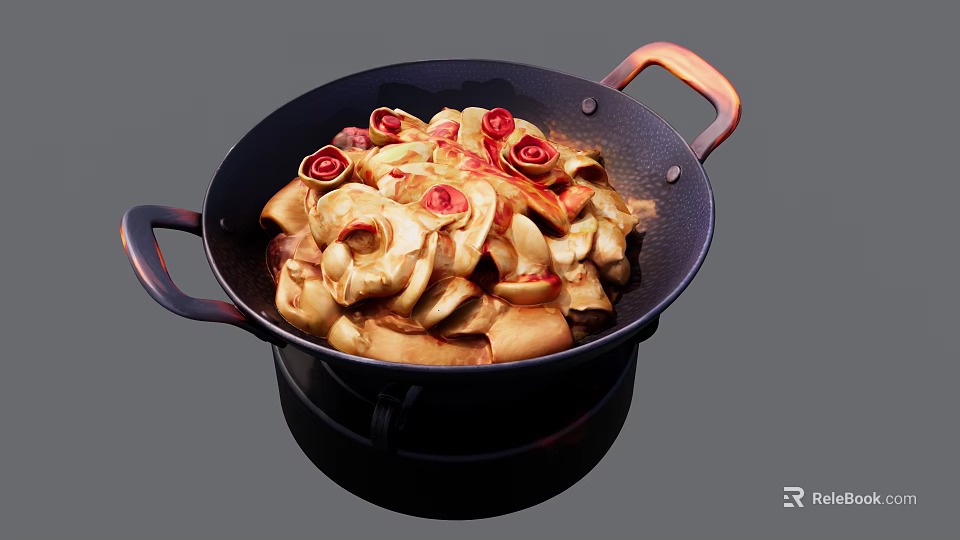 Iron Pot With Delicious Stewed Meat And Vegetables Garnished With Red Ingredients 3d model 