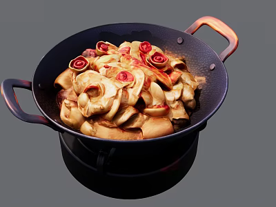Iron Pot With Delicious Stewed Meat And Vegetables Garnished With Red Ingredients 3d model