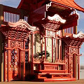 Traditional Chinese Red Garden Ornament With Carved Pavilion Structure And Green Plants