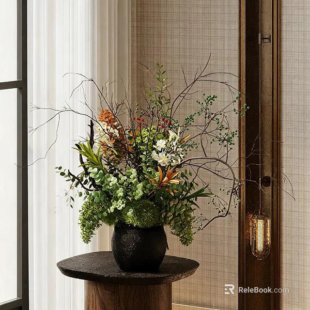 Decorative Black Vase With Green Plants Orange Blooms White Flowers And Twigs On Dark Table 3d model 
