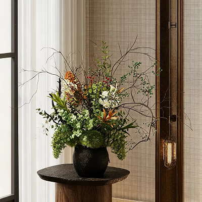 Decorative Black Vase With Green Plants Orange Blooms White Flowers And Twigs On Dark Table 3d model