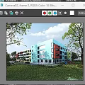 Colorful School Building with Green Lawn and Trees and Children Playing on Slide